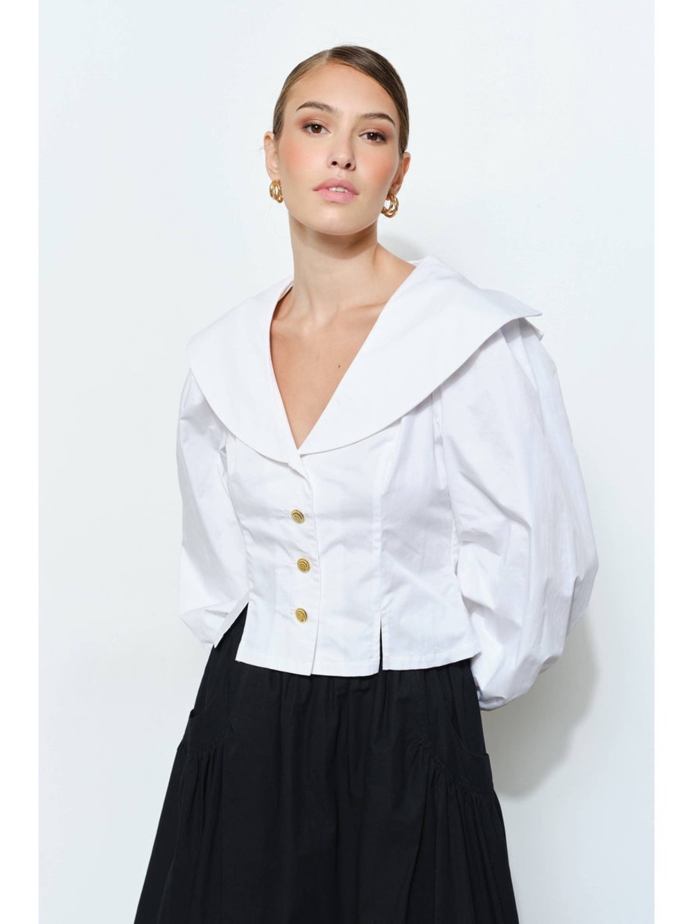 White Puff-Sleeve Button Front Top with Wide Collar